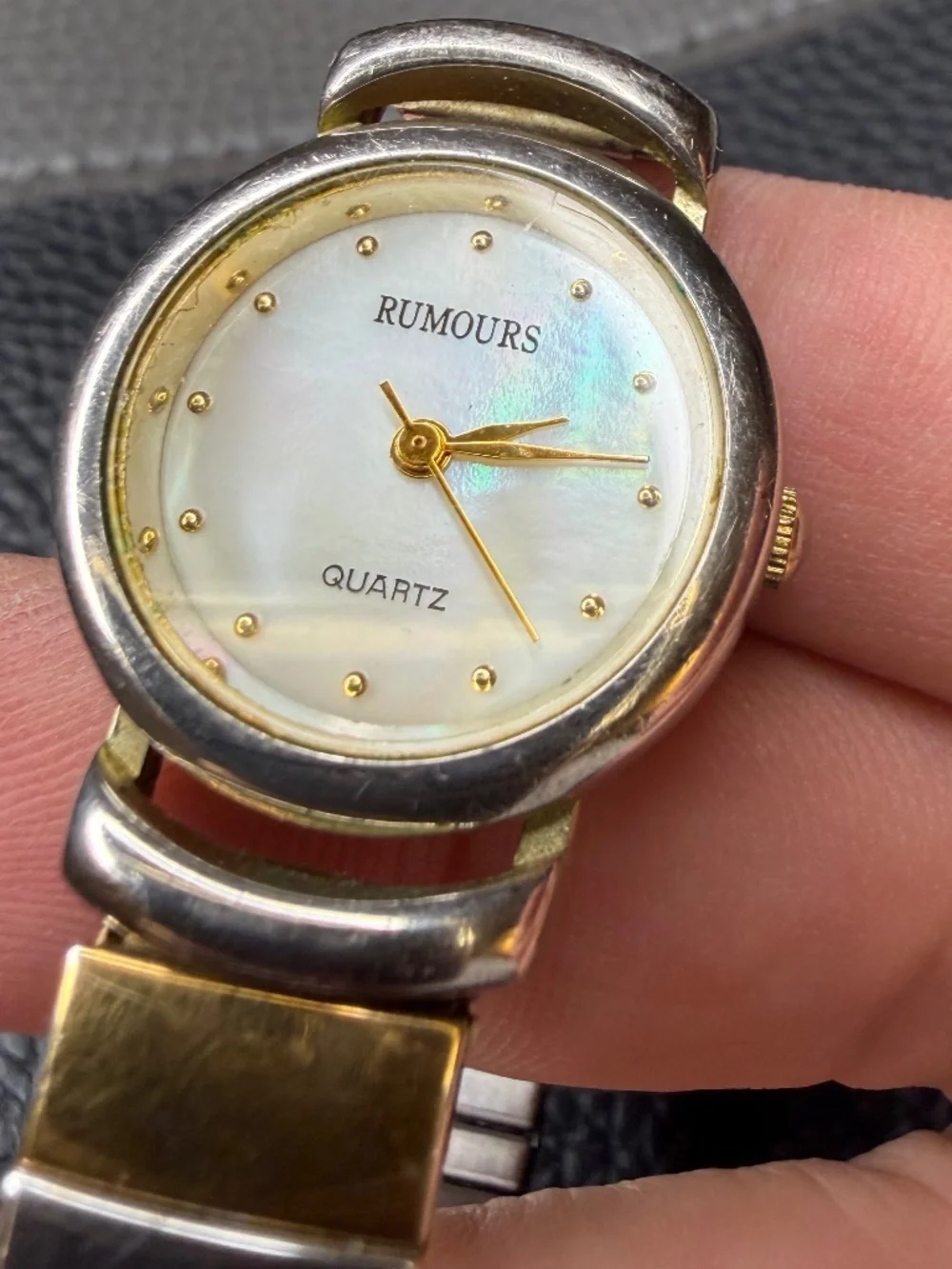 VTG Rumours Two Tone Stainless Steel Stretch Mother of Pearl Quartz Watch 6.5